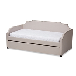 Baxton Studio Ally Modern and Contemporary Beige Fabric Upholstered Twin Size Sofa Daybed with Roll Out Trundle Guest Bed